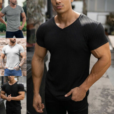 Men V Neck Short Sleeve Top T-shirt 