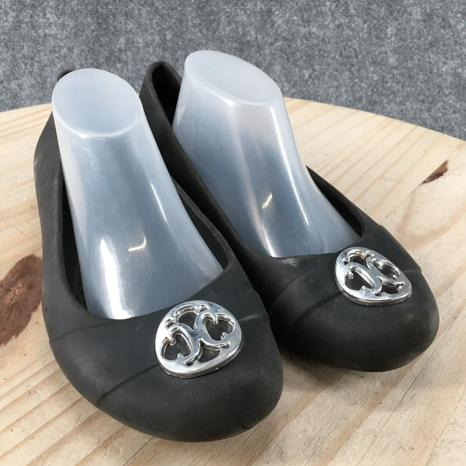 Crocs Zapatos Mujer 7 Ballet Pisos Negro Goma Cómodo Punta Redonda Acento Plateado Foto 3 de 4