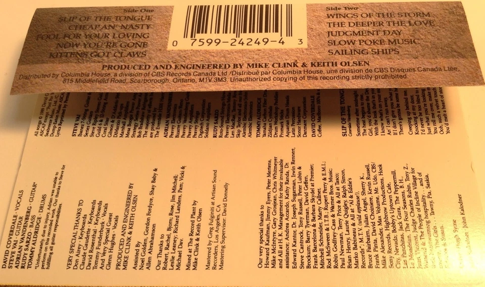 WHITESNAKE Tape Cassette SLIP OF THE TONGUE 1989 Geffen Canada M5G-24249 - Image 4 of 4