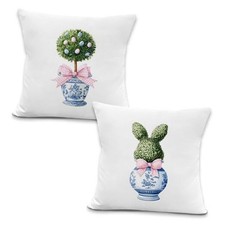 Chinoiserie Easter Bunny Topiary Throw Pillow Covers, Coquette Bow Vase Egg