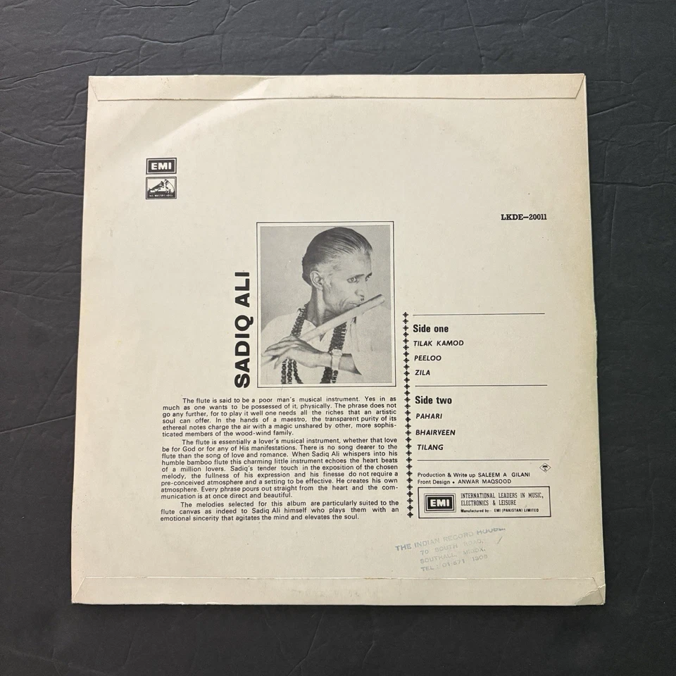 Sadiq Ali Flute Pakistani His Masters Voice LKDE 20011 NM EMI Rare Vinyl - Image 2 of 4