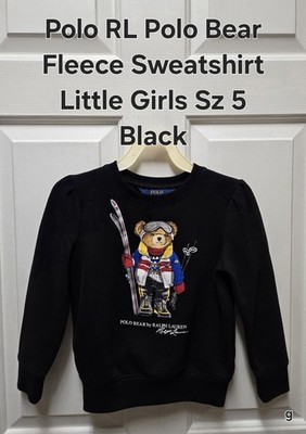 Polo RL Polo Bear Ski Fleece Crewneck Sweatshirt, Black, Little Girls Size 5