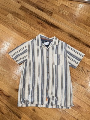 Sovereign Code Camp Collar Shirt L Cream Blue Brown Striped Short Sleeve