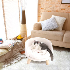 Luxury Cat Bed Soft Warm Plush Fabric Pet Nesting Chair Bed Stool Wood Legs with