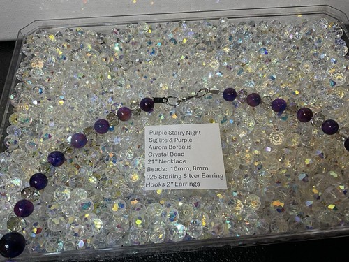 Pendientes 925 hechos a mano de piedra de sigilita púrpura/azul con cuentas de cristal transparente B - Imagen 5 de 5