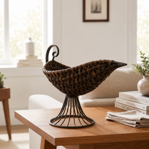 Woven Rattan Wrought Iron Fruit Basket Pedestal Stand Centerpiece MCM Boho