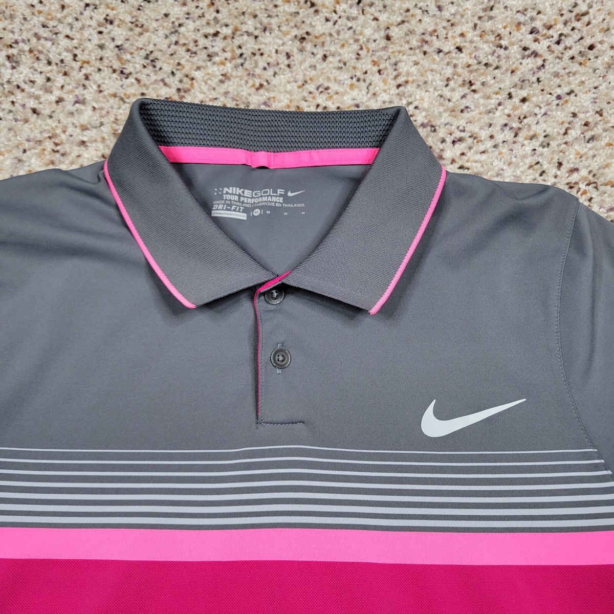Nike Polo Shirt Mens Medium Pink Gray Stripes Drifit Golf
