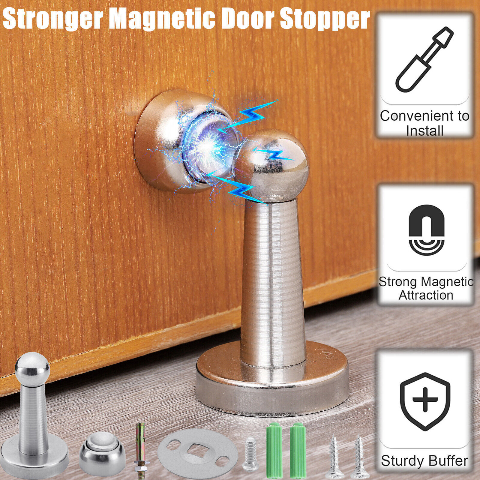 2Pcs Stainless Steel Door Stop Floor Mounted Door Stopper Chrome Rubber  Stops