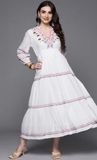 Indian Wear ; Women White Floral Embroidered Ethnic Cotton Anarkali Kurta