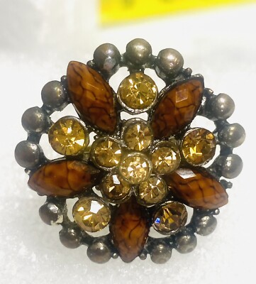 Flower Crystal Statement Ring Size 7 Bronze Tone Fall Colors Adjustable