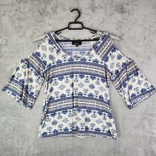 Womens Naif White Blue 3/4 Sleeve Open Shoulder Blouse Shirt Top Blouse Medium