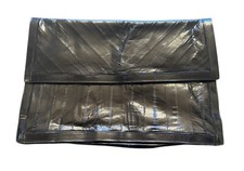 Vintage 80  s Genuine Eel skin Large Envelope Clutch Shiny Black 12  x8  