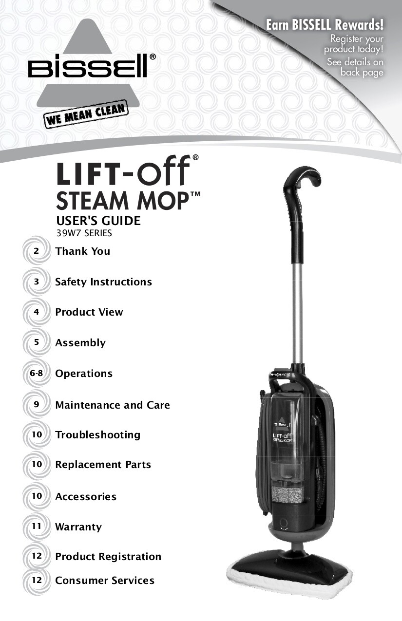 Bissell Lift-Off 39W7 Steam Mop Hard Surface Cleaner Manual  -image