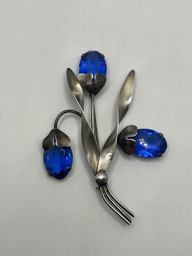 Sterling Silber Art Deco Blume Brosche Anstecknadel Kobaltblau Glassteine Vintage - Bild 4 von 17