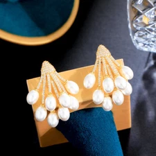 Exclusive Yellow Gold Plated CZ Big Pearl Stud Earrings for Women Cocktail Party