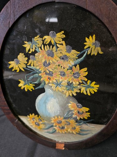 Pair (2) Beautiful Antique Oil on Mirror Floral Paintings 1921 Signed AW Davis - Picture 9 of 13