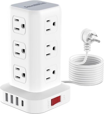 Tower Power Strip 10 ft & 7 ft cord 12 AC Outlets with 4 USB Ports 1 USB C