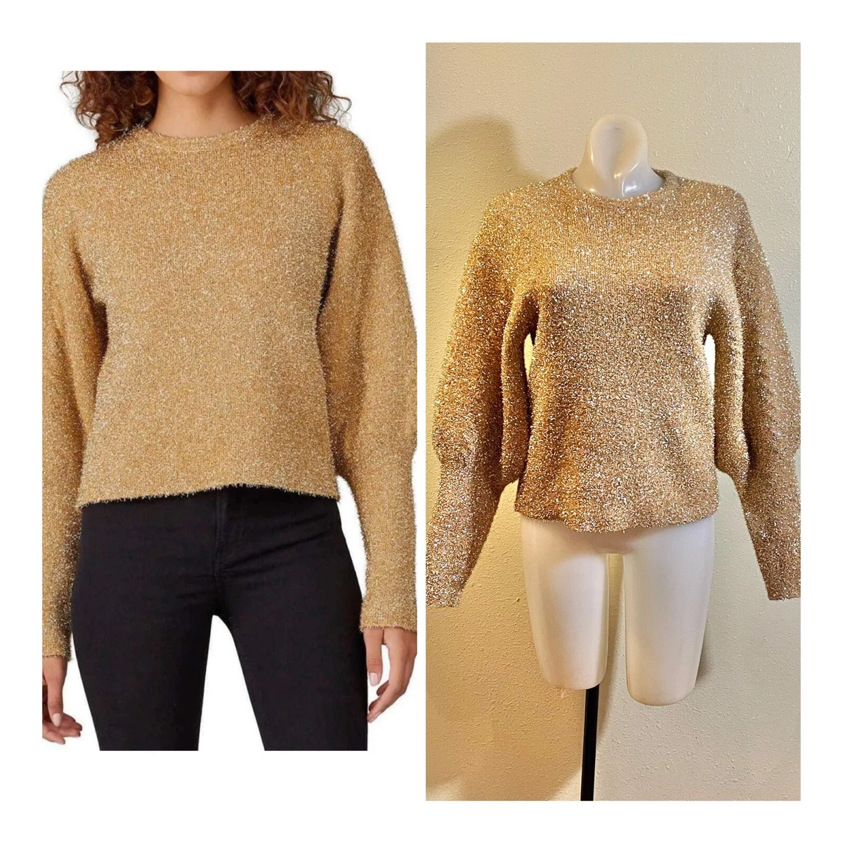Keepsake The Label Gold Shiny Eyelash Sweater Balloon Puffy Sleeves Sz XS (0-2)