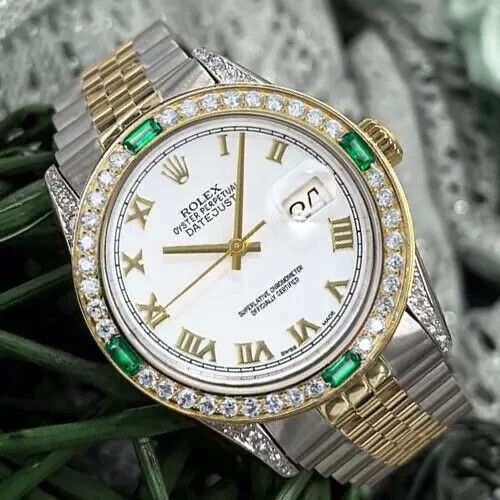 Rolex Datejust Gold & Steel 36 mm Watch White Roman Dial with Emerald & Diamond