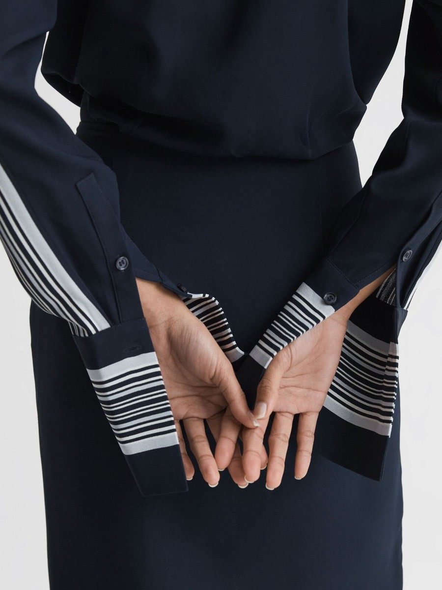 REISS ARABELLA SIDE STRIPE TIE FRONT MIDI DRESS IN NAVY | eBay