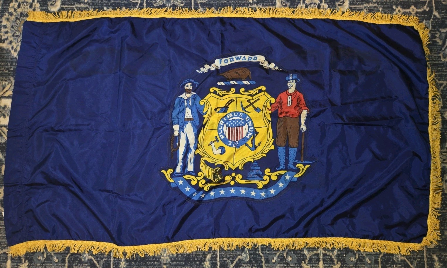 Wisconsin State Flag Ceremonial w/ Gold Fringe - Vintage Pre-1981 RARE - Nylon 