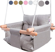 - Canvas Baby Swing, Wooden Hanging Swing Seat Chair with Safety Belt, Durable B