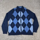 Brooks Brothers Sweater Mens XL Navy Blue Argyle Supima Cotton Full Zip