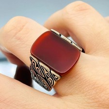 Red Agate Turkish Men's Ring 925 Sterling Silver Ottoman Aqeeq Ring Duty free