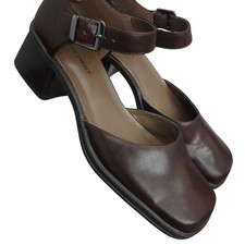 Vintage 90s Y2K NINE WEST Brown Leather Block Heel Square Toe Pump Mary Jane 7