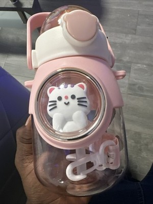 Diller Cute Cat Design Pink Water Bottle with Straw Lid