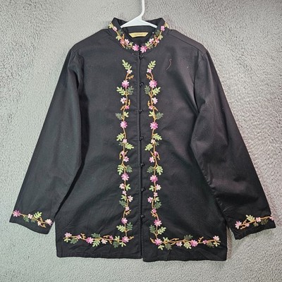Bechamel Tunic Embroidered Top Women Medium Button Up Long Sleeve Black