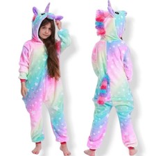 Girls Unicorn Hooded One Piece Pajama Costume   Size 7  8 Rainbow Plush 