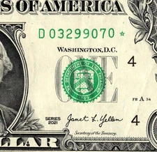 2021 D star note One dollar Bill D03299070* 500K Sheet Note Run 2 of 3