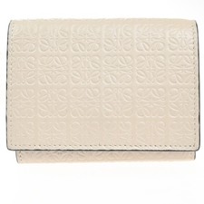 LOEWE Logo Anagram Repeat Trifold Wallet Embossed Leather Beige Spain 69MA294