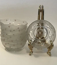 Vintage Frosted Glass Set of 6 Dessert Ice Cream Bowls Enamel Dot Flowers 4.5"
