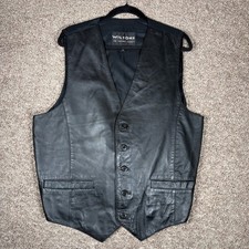 Wilsons The Leather Experts Mens Black Leather Vest Button Front Cinch Back XL
