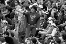 Nottinghamshire cricket fan conducting himself a Superman outfit L- Old Photo