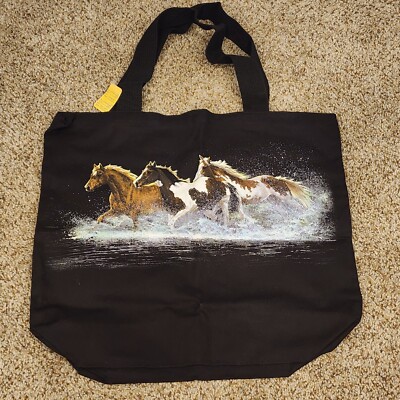 Beautiful Black 3 Horse Canvas Tote Bag Approx 18''x 16'' New Black Straps 