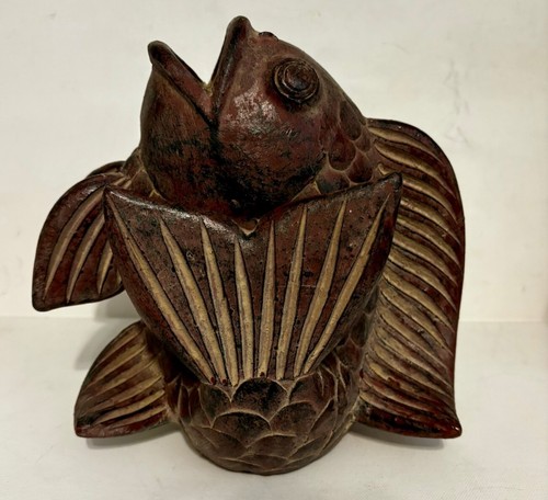 Vintage Terracotta 9" Koi Fish Sculpture Vase Asian Culture 1960's Hand Made