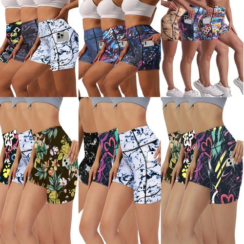Womens High Waist Printed Yoga Shorts 3Pcs Stretchy Side Pockets Running Shorts - Picture 1 of 29