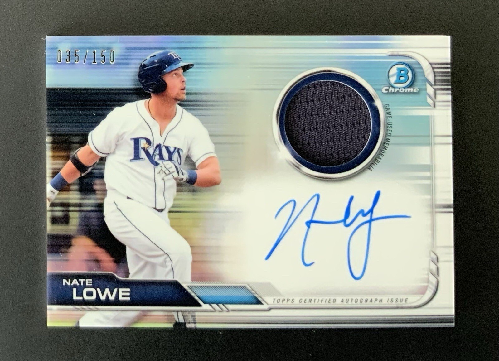 Nate Lowe, #/150 Auto Relic Memorabilia, 2019 Bowman Chrome #BCAR-NL