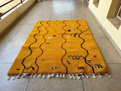 Rug Moroccan Abstract Wool Carpet, Custom Handmade Berber Yellow Beni Ourain Rug - Picture 2 of 10