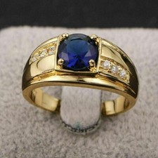 1.60CT Round Natural Blue Sapphire & Diamond Men's Wedding Ring 14K Yellow Gold