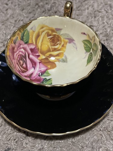 Vintage J A Bailey Aynsley Tea Cup Saucer Black Bone China 3 Cabbage Rose - Picture 3 of 15