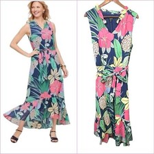 Talbots Voile Hibiscus Maxi Dress Size 16P Spring Floral Cotton V Neck Belted