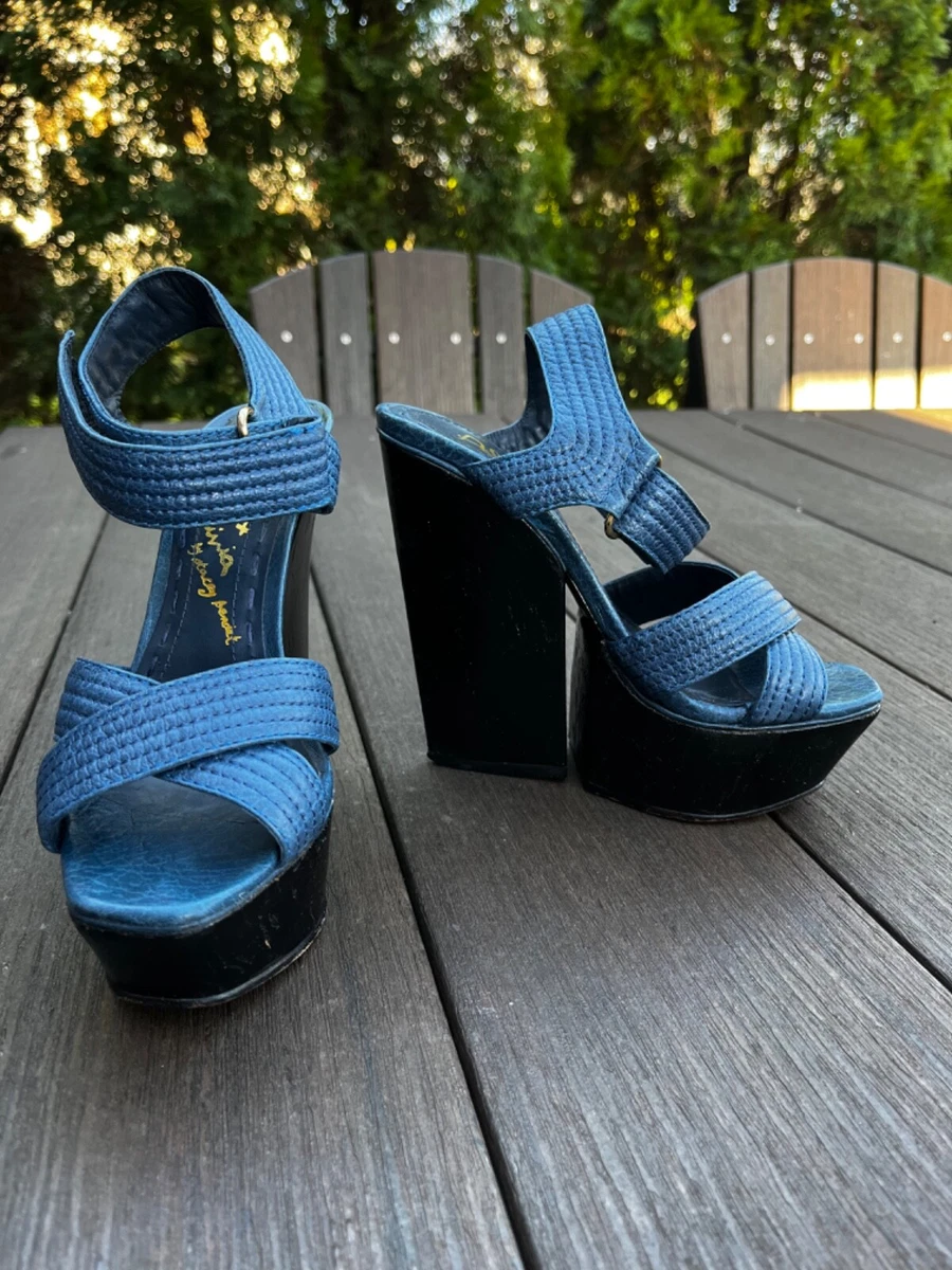 Alice+Olivia ULA Genuine Leather Criss-Cross Platform Blue Strappy Sandals  READ