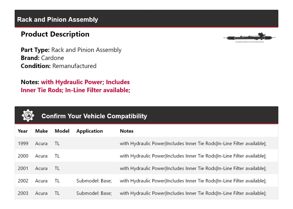 Montaje de piñón y cremallera Cardone 2000 2001 2002 para Acura TL 1999-2003 Foto 2 de 4