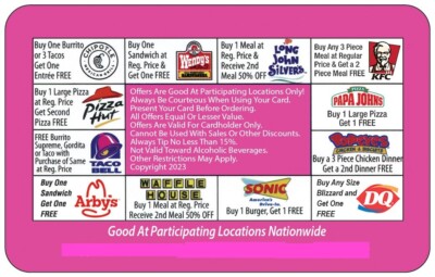 Nationwide Restaurant Discount Card - 26 Restaurants - ....Buy 3 Get 1 FREE,,,!!