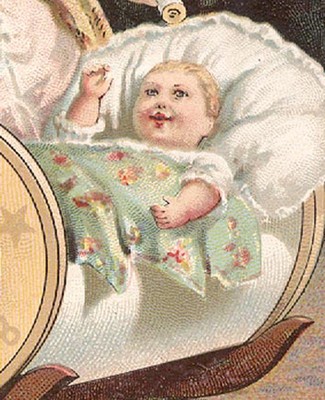 1880's MERRICK THREAD CO TRADE CARD, MOM W/ BABY IN CRADLE & SO CUTE  TC140