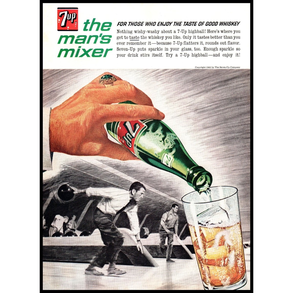1963 7-Up 7Up Soda Vintage Print Ad Sexist The Man's Mixer Bowling